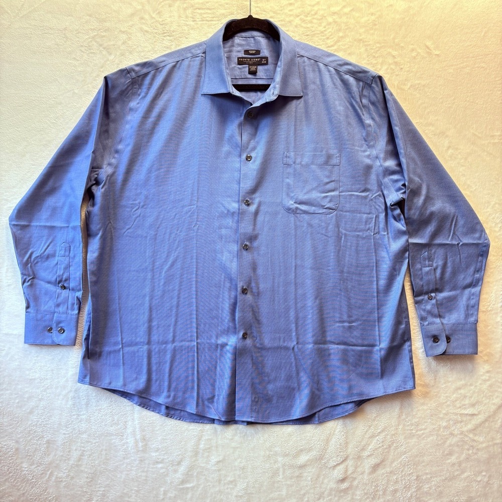 Pronto Uomo Dress Shirt Mens 18.5 34/35 Blue Excellent Slim Fit Non-Iron Cotton
